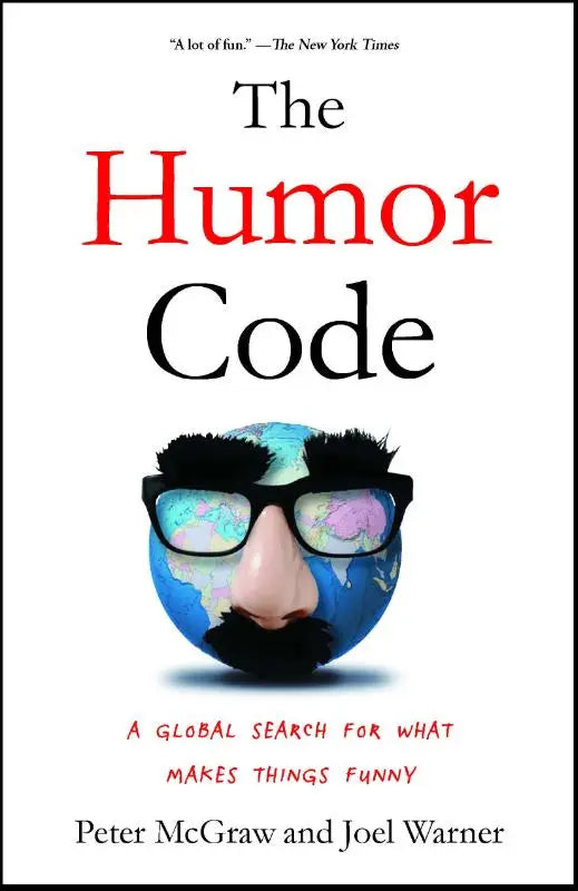 De humor code boek cover toont een globe met zwarte bril, dikke wenkbrauwen en snor als visual voor de global search for wat humor maakt