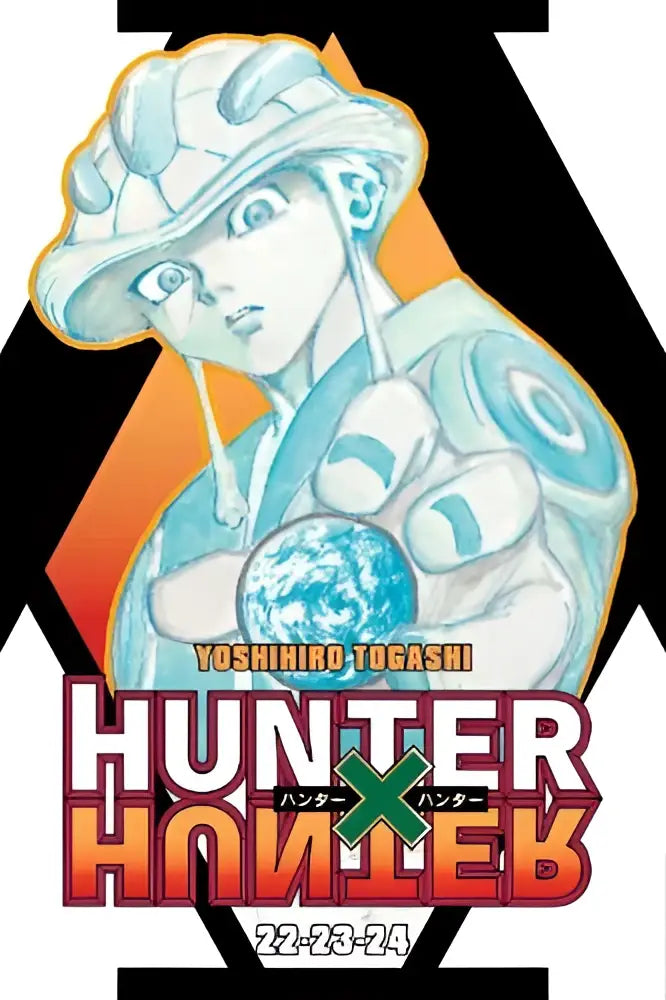 De cover van hunter x hunter 3-in-1 edition vol 8 toont een karakter in blauw-witte harnas met een globe en bevat vols 22, 23 en 24