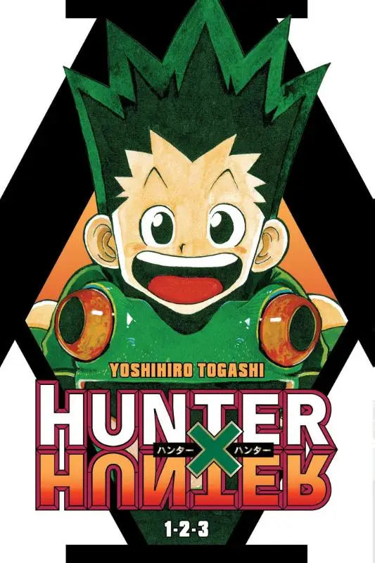 Cartoon van hunter x hunter met groen stekelig haar in groene outfit met oranje accenten op jassen in 3-in-1 editie inclusief vols 1 2 en 3