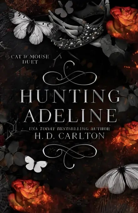 De boekomslag toont hunting adeline van h d carlton met titel en auteur duidelijk weergegeven