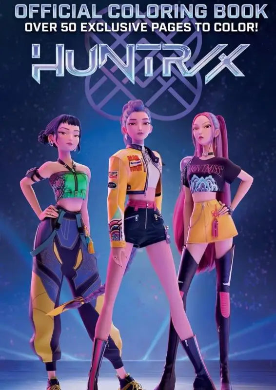 Officieel huntr/x coloring book met drie kpop demon hunters in levendige futuristische outfits en gedetailleerd ontwerp