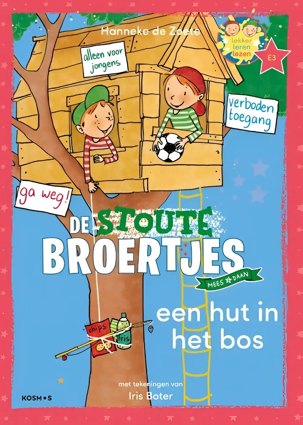 Kinderboek een hut in het bos met houten boomhut en twee jongens binnen, ideaal voor leren lezen serie zoete zusjes