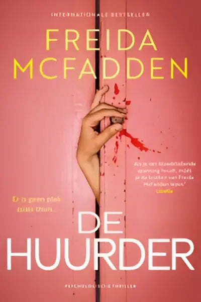 De huurder door freida mcfadden psychologische thriller met hand en rode spatten op roze achtergrond