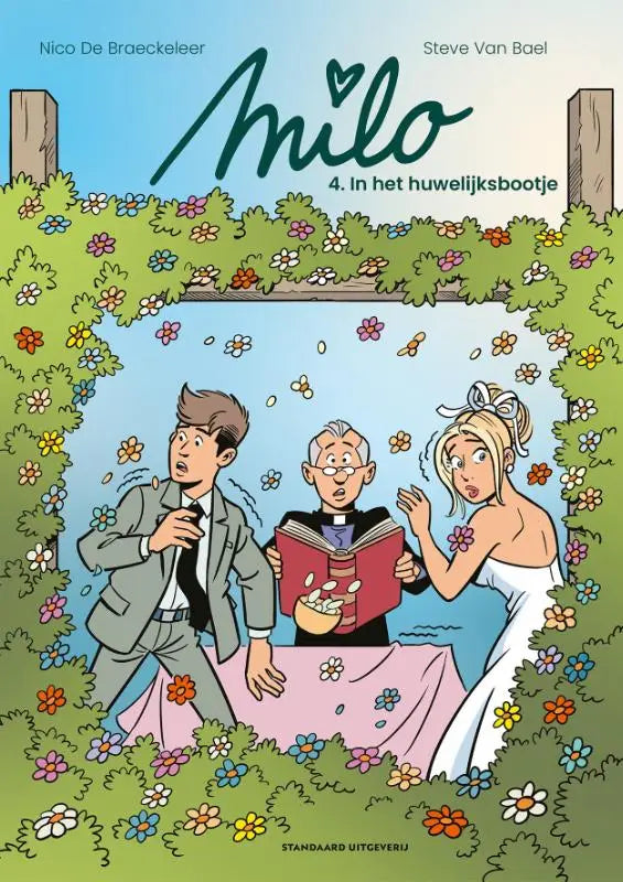 De cover van de comic strip milo 4 in het huwelijksbootje met kleurrijke illustratie en strips algemeen thema