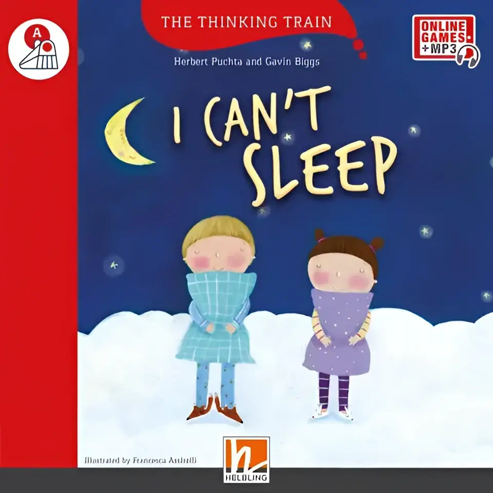 Twee cartoonkinderen in pyjama staan onder sneeuw en halve maan in Ik kan niet slapen