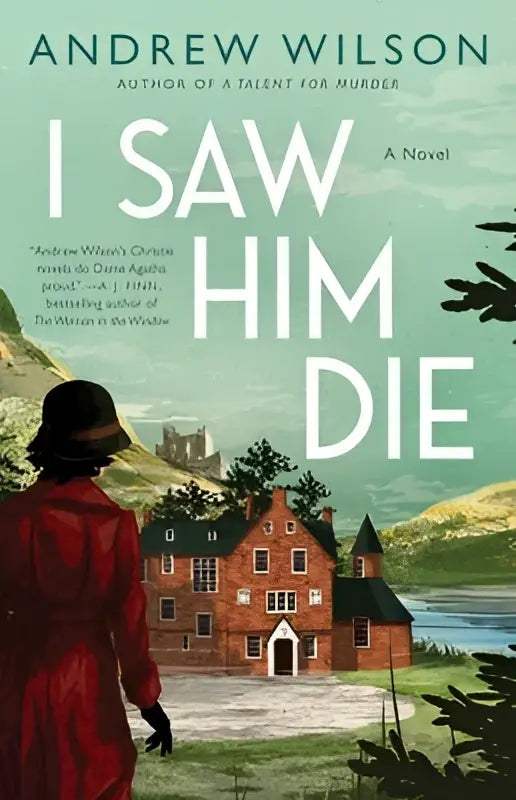 De book cover van I Saw Him Die toont een vrouw in een rode jas die wegloopt van een bakstenen huis in een groen landschap