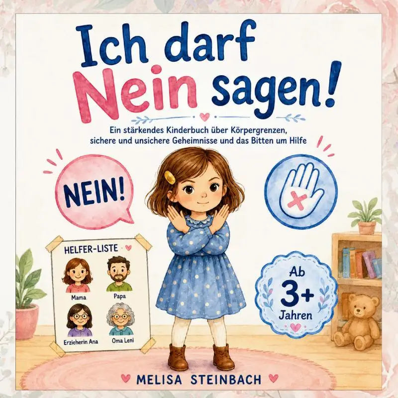 Cartoonmeisje in blauwe stippenjurk op voorkant van ich darf nein sagen kinderboek over lichaamgrenzen