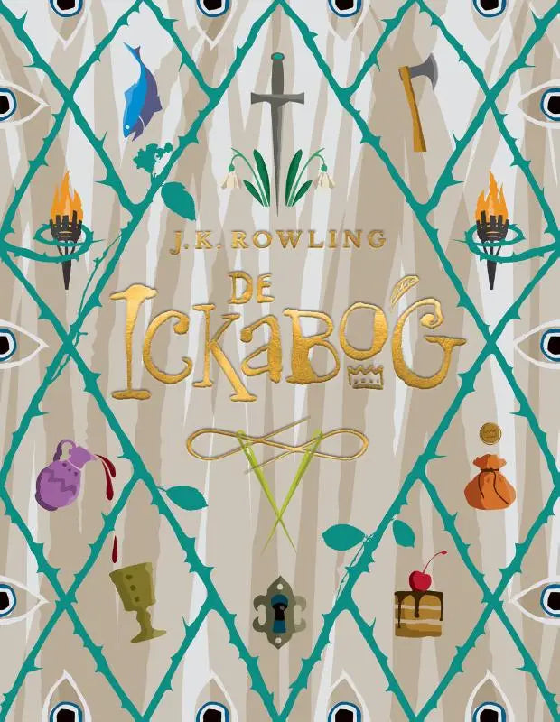 De cover van het boek de ickabog van j k rowling met kleurrijke illustraties en een fantasierijke stijl