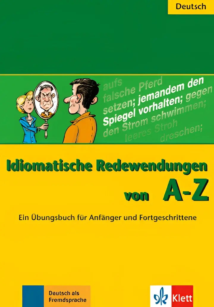 Gele boekomslag met groene en witte accenten en cartoons van twee personen bij een spiegel voor idiomatische redewendungen von a-z