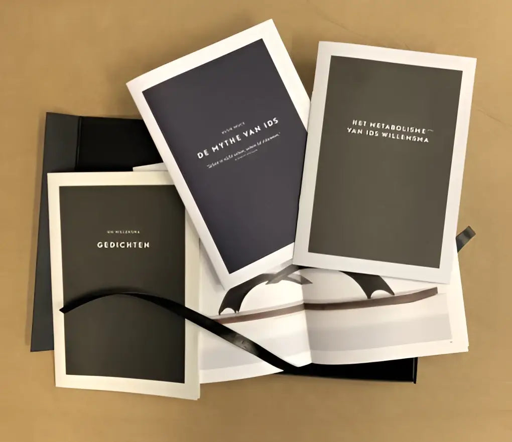 Zwartwit boekjes met minimalistisch ontwerp en nederlandse titels op donkergrijze covers van sjen sjoch sjoen