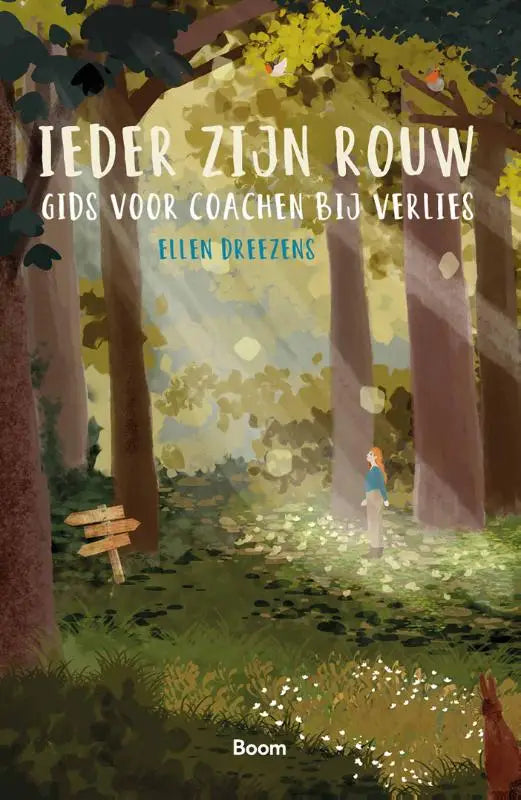 Boekcover van ieder zijn rouw met warme gouden lichtval in een zachte geïllustreerde bosrijke scène en een kleine figuur