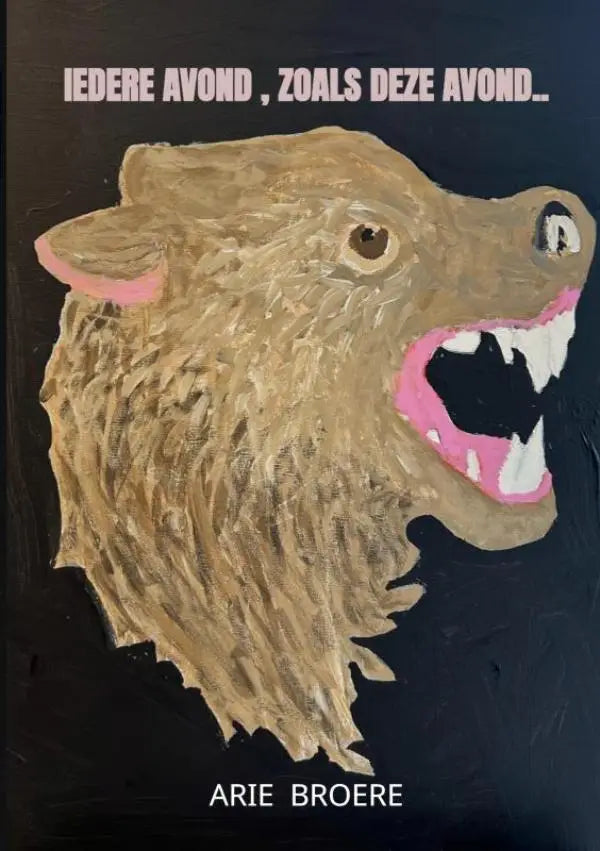 Een geschilderde illustratie van een brullende bruine wolf met roze mond op een donkere achtergrond voor arie broere
