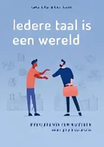 De illustratie toont meerdere identieke blauwe en oranje figuren met boeken in ieder taal is een wereld door leila jaffar radi suudi interculturele communicatie