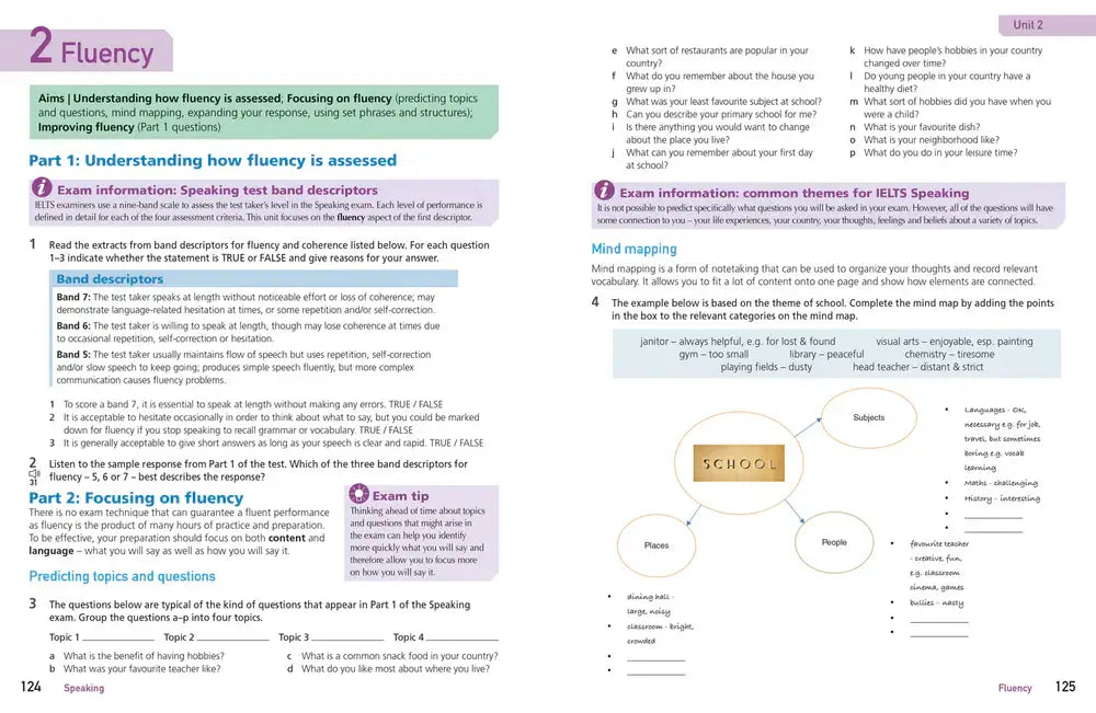 Een pagina uit het engelse taalboek ielts voorbereiding met een focus op fluency assessment voor ielts test score verbeteren