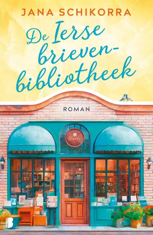 Het boek de ierse brievenbibliotheek door jana schikorra toont een charmante bakstenen boekwinkel met teal luifels en een oranje deur tegen een gele lucht