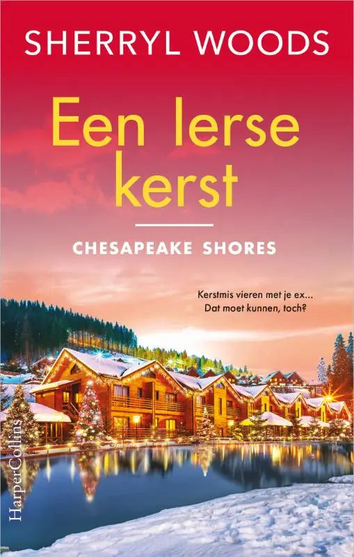 De boekcover van een ierse kerst toont een winterse scène met besneeuwde houten hutten en kerstbomen tegen een rode lucht voor kerstmis vieren