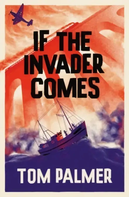 De boekomslag van If the Invader Comes dyslexievriendelijk toont een schip in ruwe zee en een vliegtuig bovenop een oranje paarse achtergrond