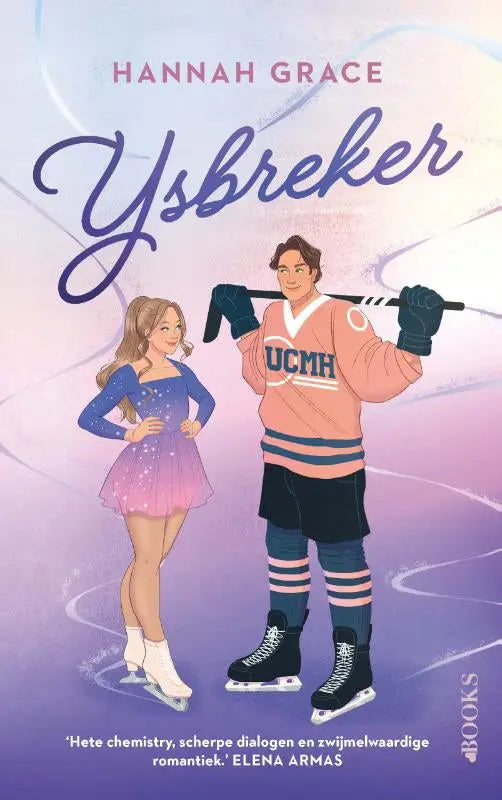 De ijsbreker boekcover toont een levendige illustratie van twee schaatsers met de titel ijsbreker van hannah grace, reeks maple hills