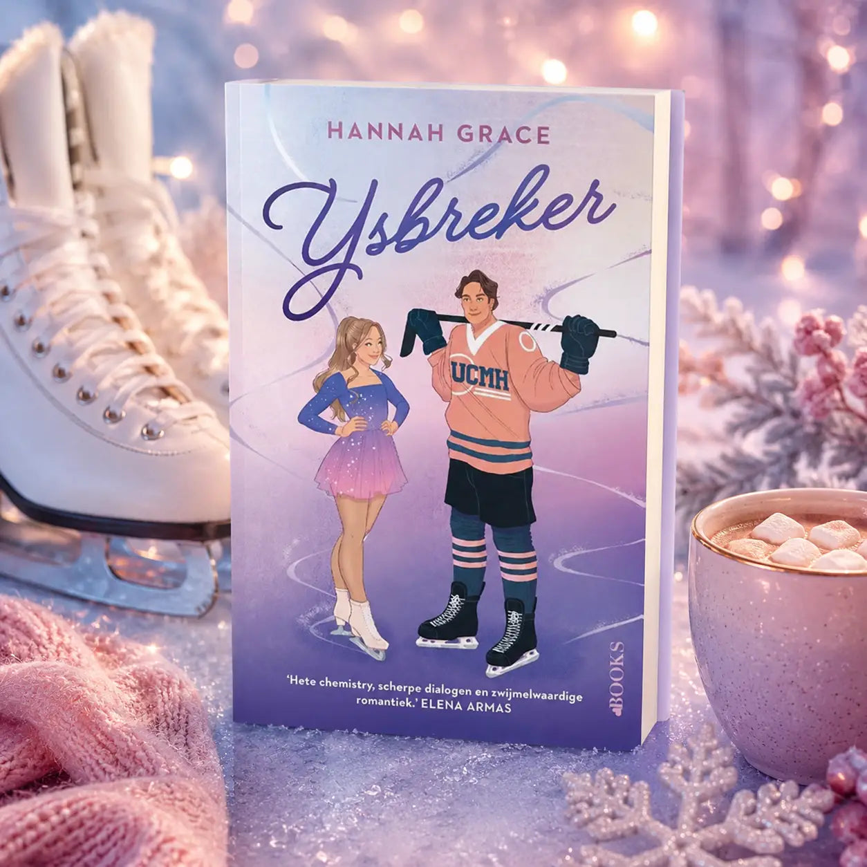 A soft purple book titled ijsbreker by hannah grace featuring an illustrated skater girl and hockey player on cover