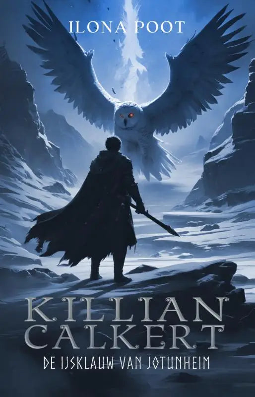 De ijsklauw van jotunheim boekcover met een donkere figuur en een grote witte uil met rode ogen in sneeuwlandschap
