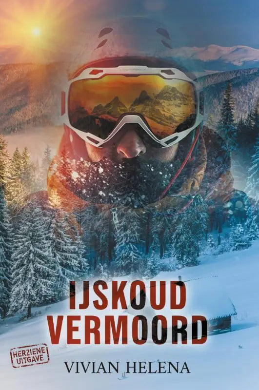 White-framed ski goggles with reflective orange lenses worn by snow-covered figure in mountainous winter setting for ijskoud vermoord