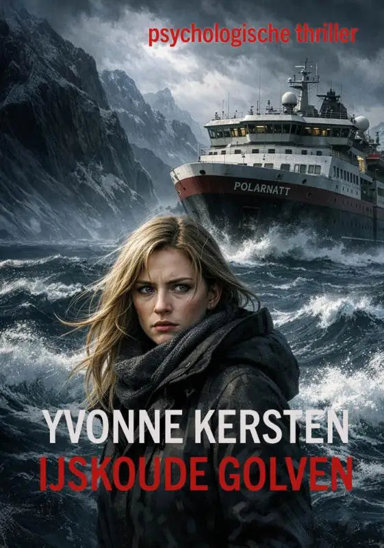 Een vrouw met lang blond haar en een donkere texturen jas staat voor ijskoude golven en het schip polarnatt