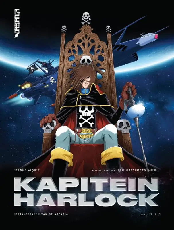 Een piratenkapitein in een zwart-rood met goud afgezette mantel op een rijk versierde troon met ijskoude vingers thema