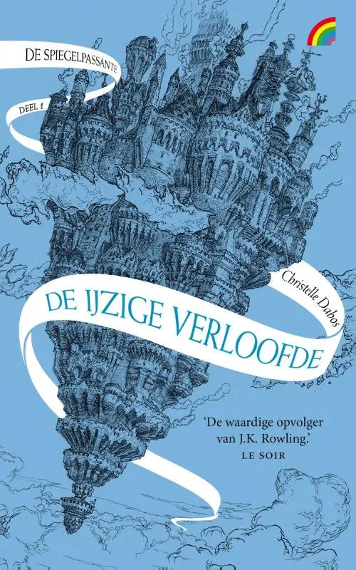 De ijzige verloofde boek voor jonge lezers met gedetailleerde zwart-wit illustratie van drijvend kasteel