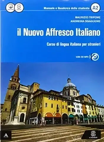 Blauw omslagen italyaanse taalcursusboek il nuovo affresco italiano met kleurrijk europees straatbeeld voor curso di lingua
