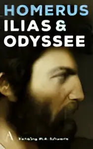 De cover van de literaire roman ilias & odyssee toont een indigo achtergrond met een donkere, intense mannelijke portret voor vertaalde literaire roman