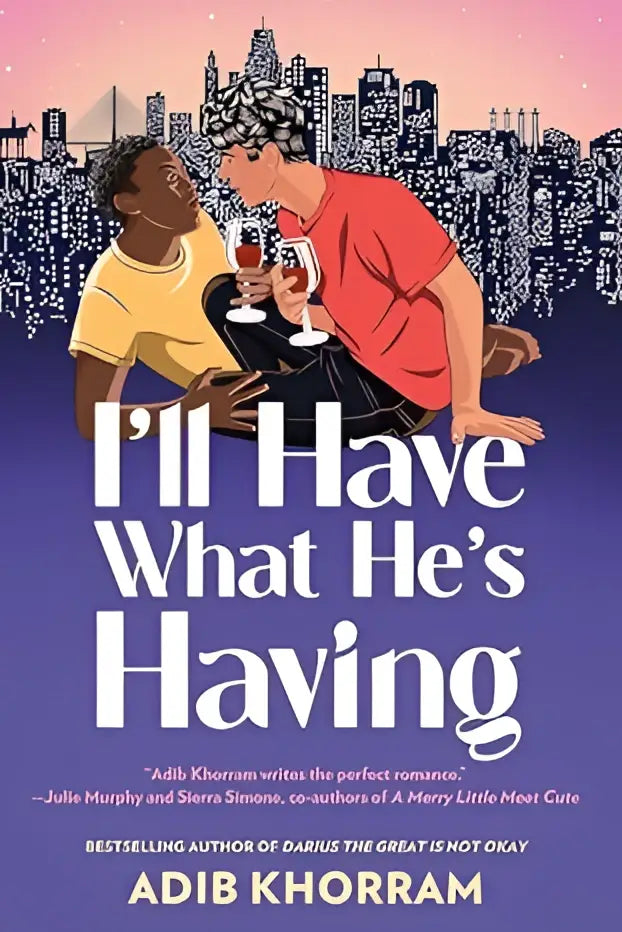 De boekcover van I’ll have what he’s having toont een kleurrijke illustratie van twee mensen die wijn delen voor een stadsgezicht