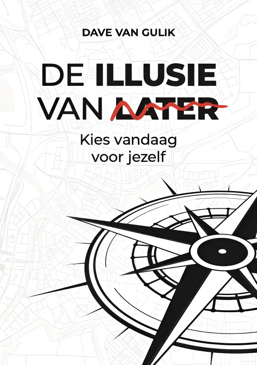Zwartwit kompasillustratie op minimalistische kaart achtergrond voor product de illusie van later kies vandaag voor jezelf