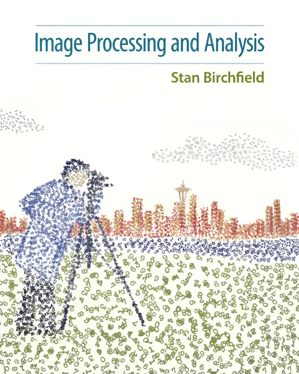 The book cover for image processing and analysis shows a blue and green pixelated photographer with a camera on tripod