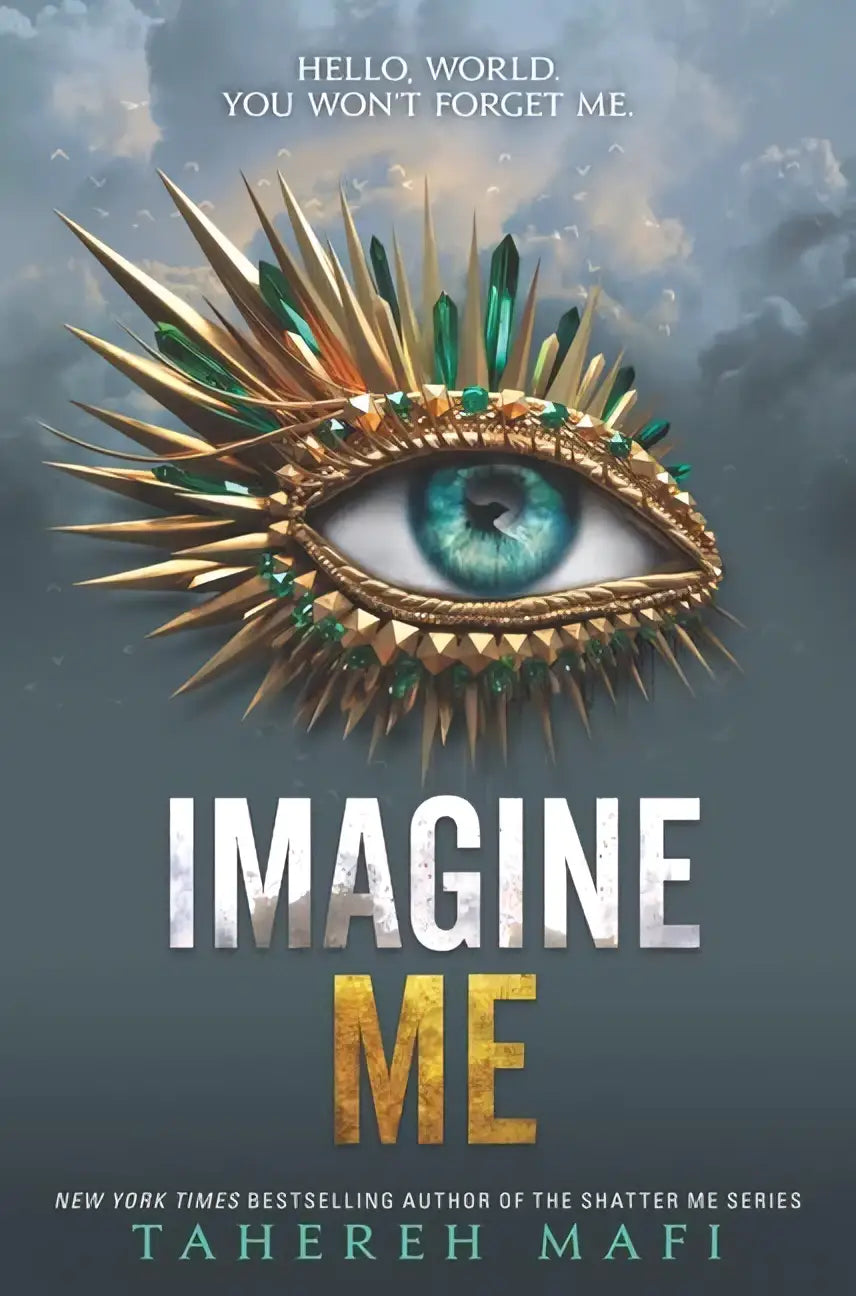 Een gouden, stekelige fantasie oog met smaragdgroene edelstenen in metalen frame voor tahereh mafi fantasy romantiek imagine me