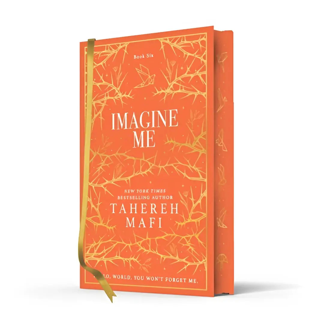 Oranje hardcoverboek imagine me tahereh mafi shatter me 6 met gouden folie blad ontwerp en speciale collector’s edition lint leesteken
