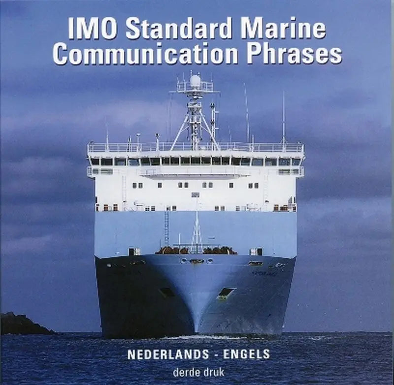 Grote blauw-witte vrachtschip met imo marine communicatie-uitrusting aan dek voor marine communication phrases training