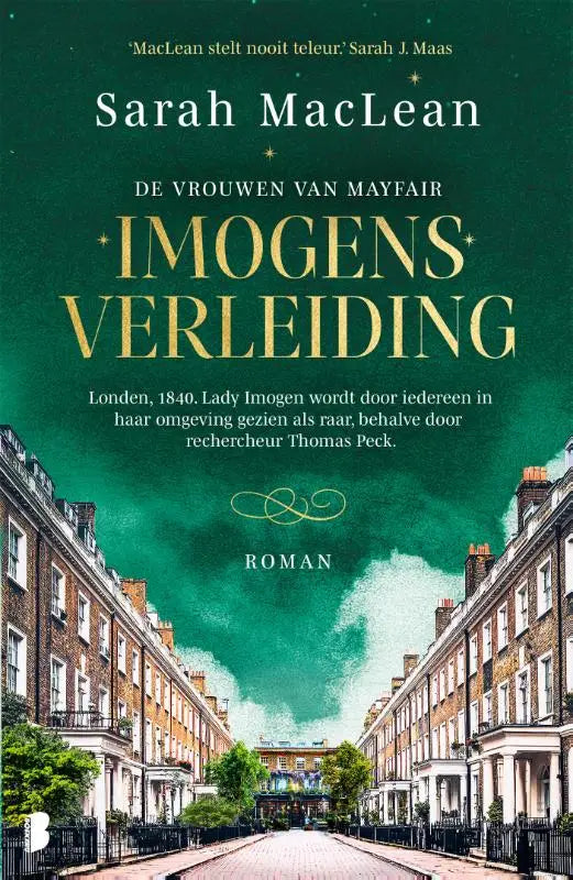 De boekcover van imogens verleiding london 1840 toont een donker groene achtergrond met gouden letters en een londonse straat uit 1840 met lady imogen en rechercheur thomas peck