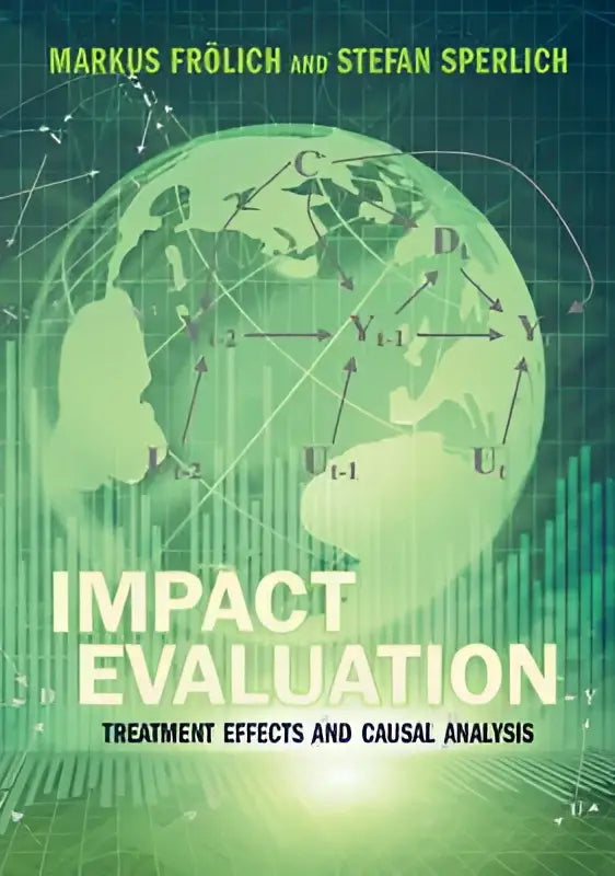 Het boek impact evaluation treatment effects and causal analysis toont een groene globe met wiskundige formules en pijlen