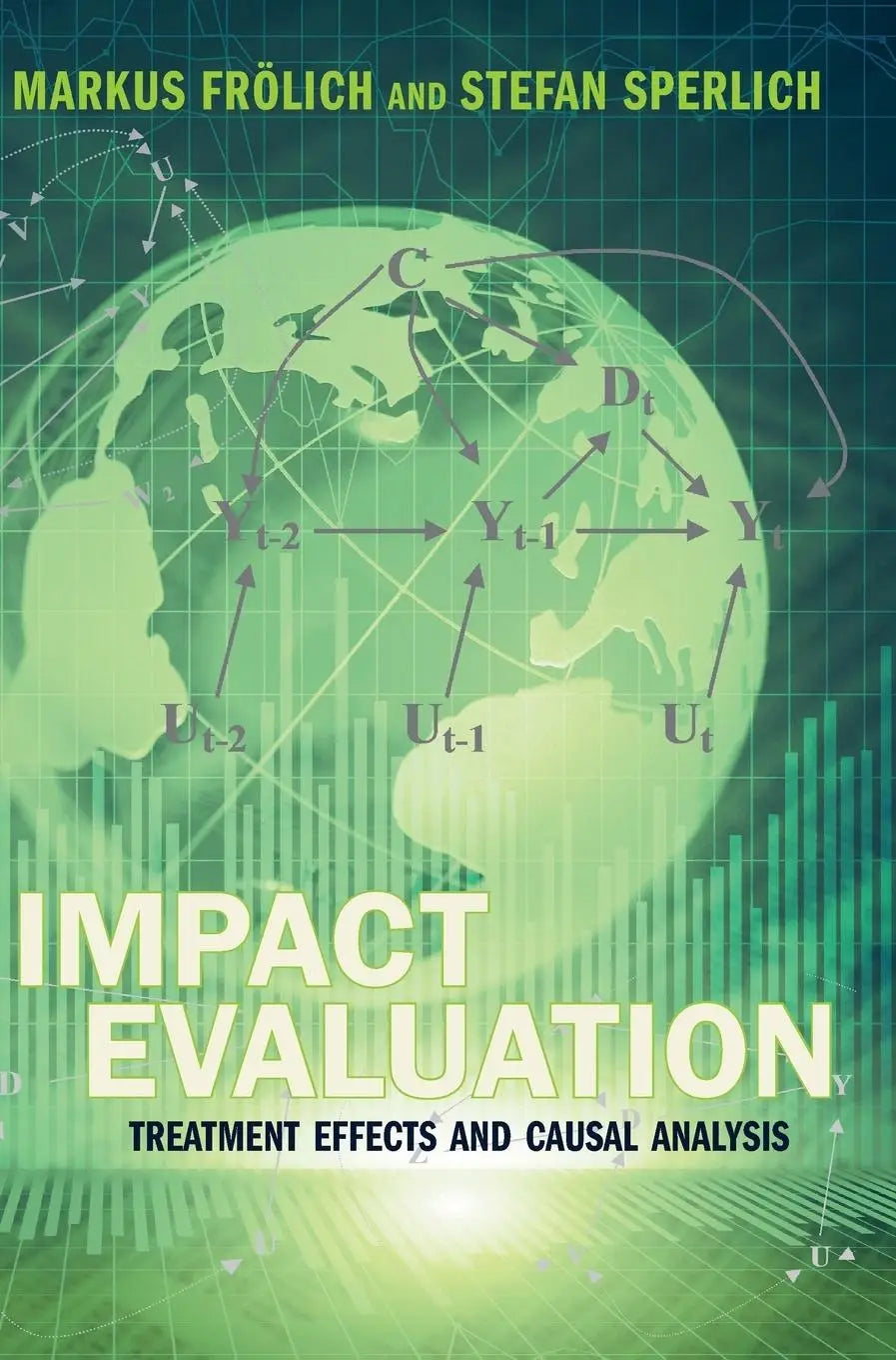 Book cover with green globe graphic and mathematical equations illustrating impact evaluation and treatment effects