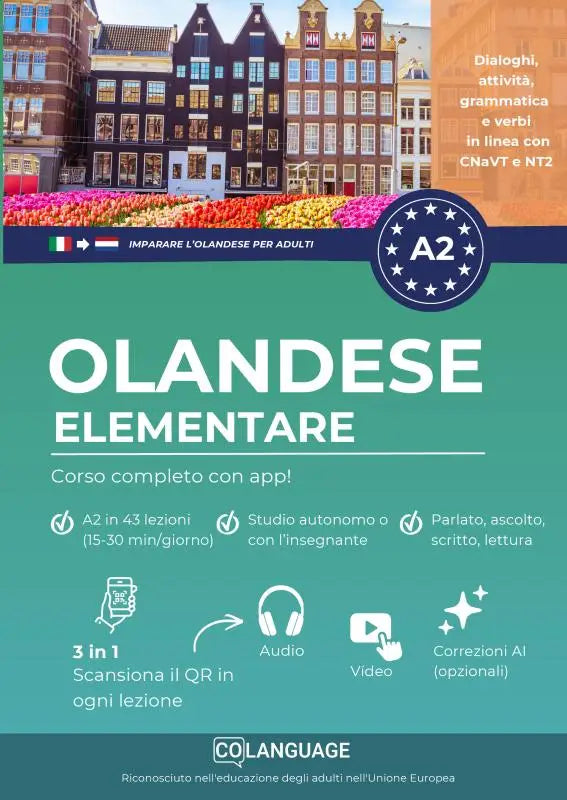 A2-level dutch course book with vibrant tulip field and historic canal houses cover completo con audio and video lessons