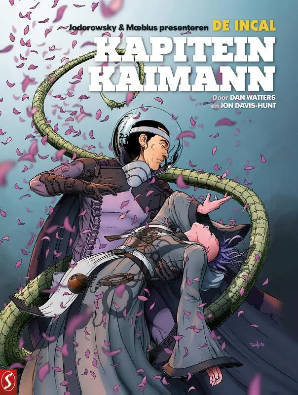 The cover of the comic book kapitein kaïmann shows two characters caught in green tentacles with falling pink petals