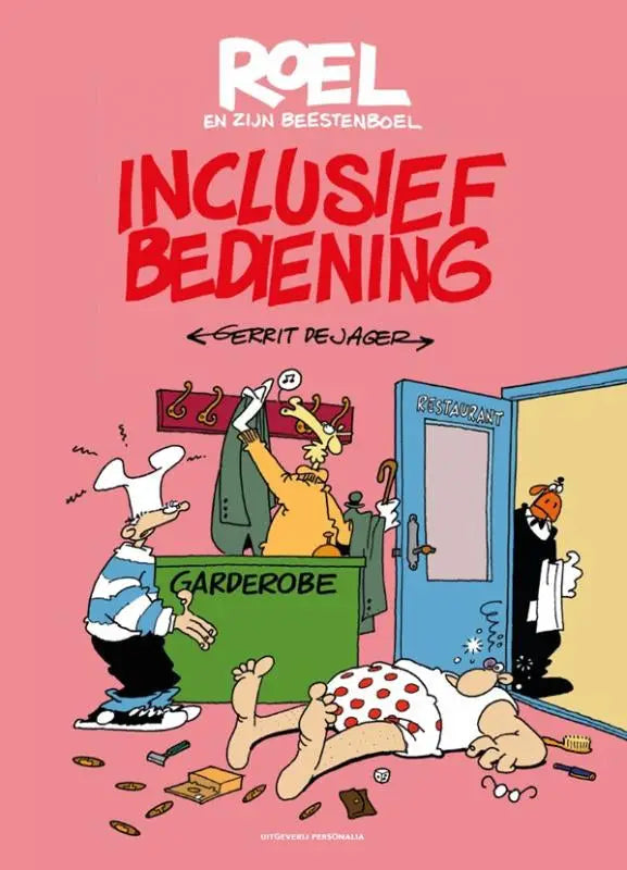 Roze cover van de strip boek roel en zijn beestenboel inclusief bediening van uitgeverij personalia