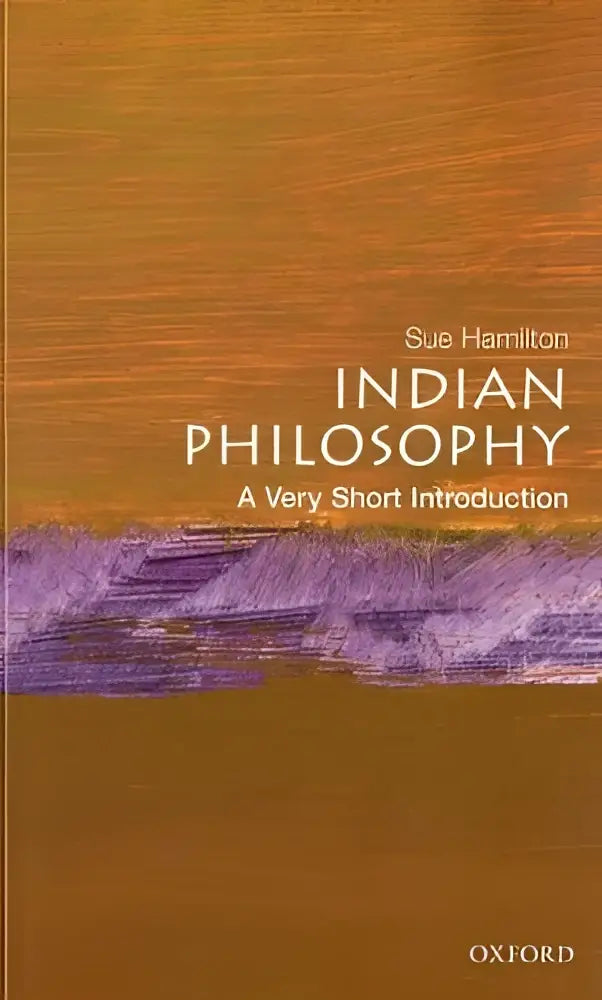 De boekcover toont een warme oranje en paarse gradient met de titel indian philosophy een very short introduction van sue hamilton