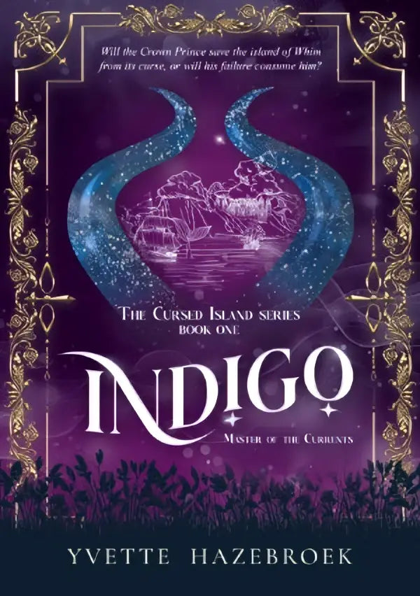 De boekomslag van indigo van yvette hazebroek toont paars en goud met ornamenten en blauwe patronen voor the cursed island