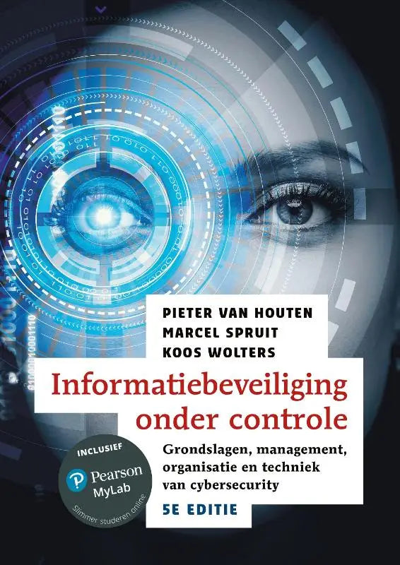 Boekcover informatiebeveiliging onder controle vijfde editie met blauwe digitale interface en mylab nl toegangscode
