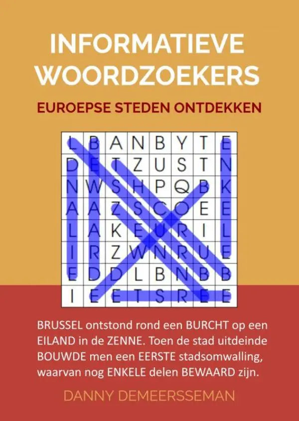 De cover van informatieve woordzoekers europese steden ontdekken door danny demeersseman met blauwe woordzoeker op oranje rode achtergrond