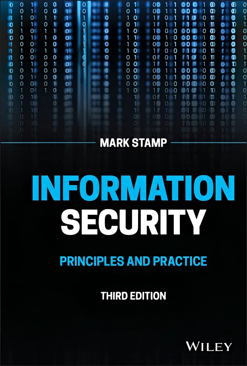 Zwart hardcover boek informatie security principles and practice met blauwe en witte tekst en digitaal binair code ontwerp