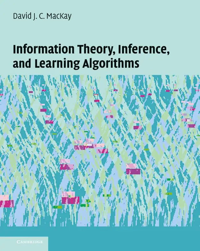 Het boekcover voor information theory inference and learning algorithms toont een abstract ontwerp in teal en lichtblauw met roze groene en witte vormen