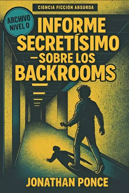 Gele en zwarte boekcover met silhouet van persoon in gang en liggend figuur voor informe secretísimo sobre los backrooms van jonathan ponce