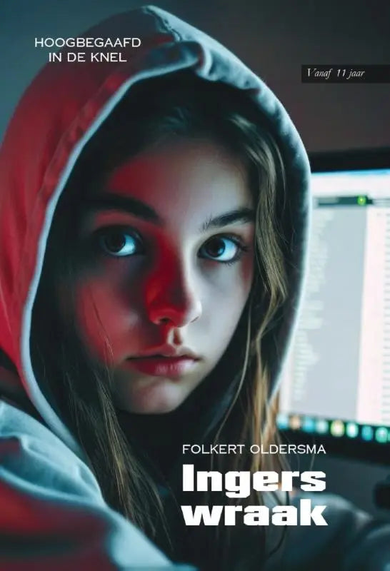 Een jonge vrouw draagt een ingers wraak hooded sweatshirt in rood en grijs met zachte stoftextuur en capuchon op